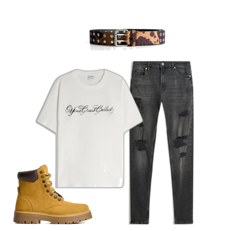 Outfit hombre - Hoy toca currar. Estilo Urban para Todos los días. Combinación con cinturones, camiseta, botas y botines, vaqueros rotos.