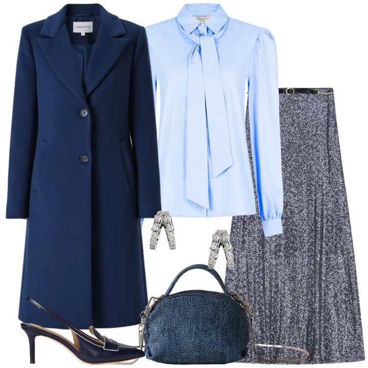 Outfit donna - Brillare d\' eleganza. Stile Chic per Serata fuori. Abbinamento con cappotti, camicie, gonne lunghe, borse a mano, orecchini, décolleté.