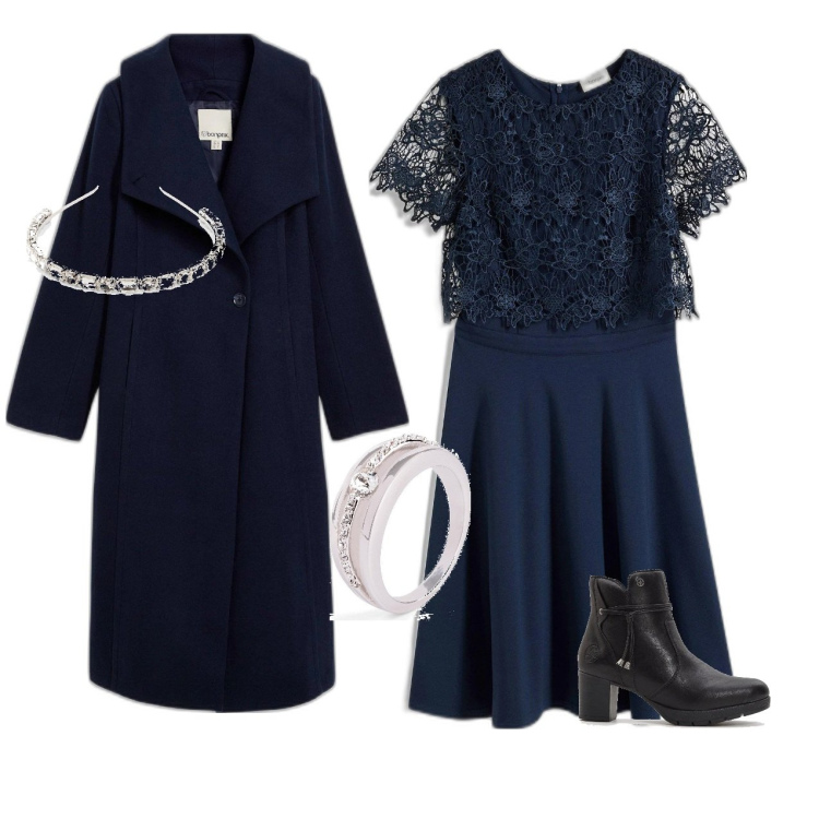Outfit femme - Élégance Marine pour Soirée Chic. Style Chic pour Soirée dehors. Assortir avec bagues, serre-têtes, bottines, robes mi-longues/au genou, manteaux.