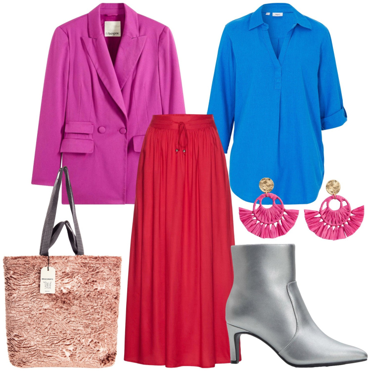 Outfit donna - Un colorato dicembre. Stile Trendy per Tutti i giorni. Abbinamento con bluse, gonne lunghe, orecchini, blazer, stivaletti, borse tote.