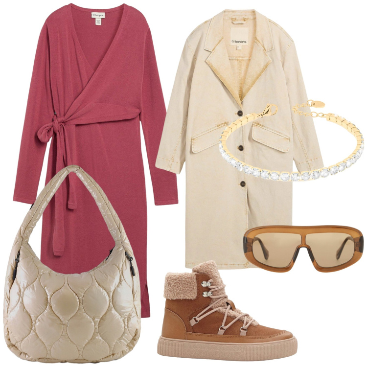 Outfit donna - Warm and chic. Stile Urban per Tutti i giorni. Abbinamento con vestiti, stivaletti, trench, occhiali da sole, braccialetti, borse tote.