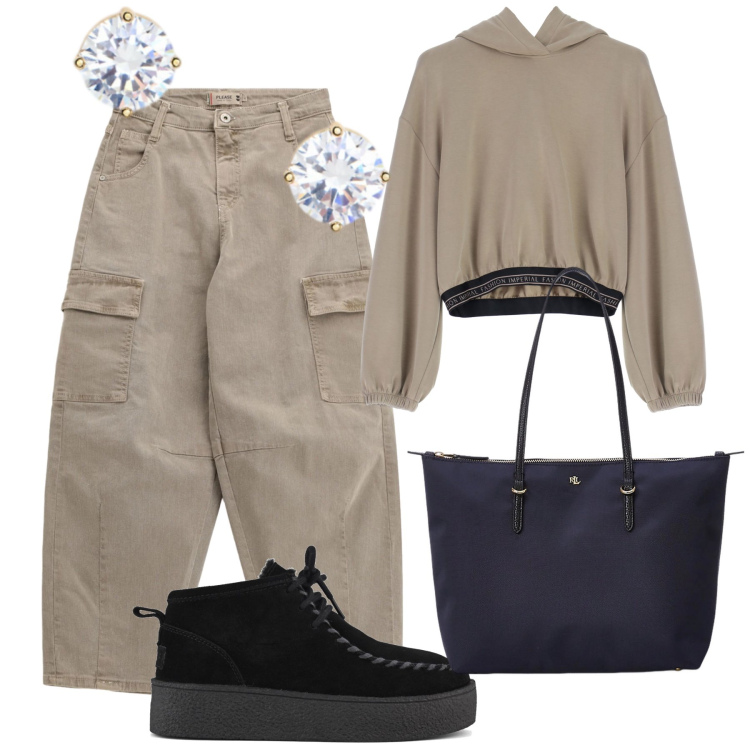 Outfit donna - Diamanti sportivi. Stile Casual chic per Tutti i giorni. Abbinamento con pantaloni chino, felpe con cappuccio, borse tote, orecchini, stivaletti.