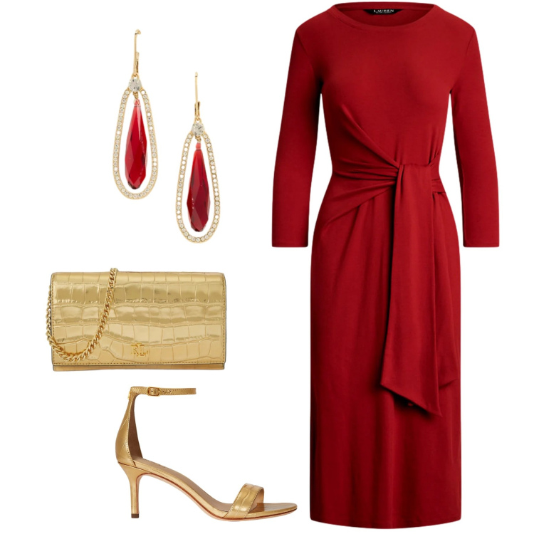 Outfit donna - Festive Harmony. Stile Chic per Cerimonia. Abbinamento con vestiti, sandali in pelle, borse a tracolla, orecchini.