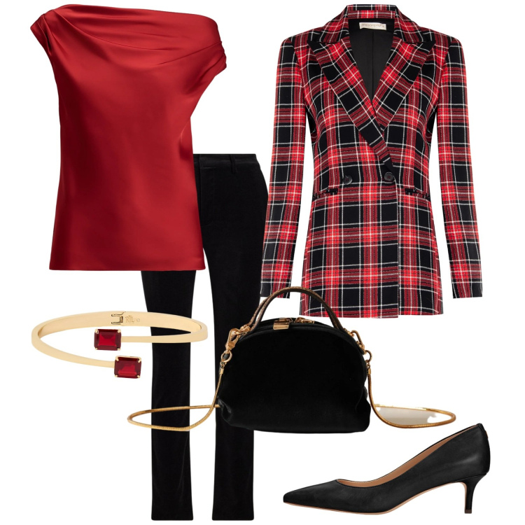 Outfit donna - Pronta. Stile Chic per Serata fuori. Abbinamento con blazer, borse a mano, décolleté, top, braccialetti, pantaloni.