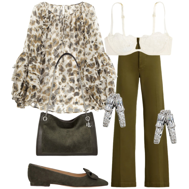 Outfit donna - Chic tutti i giorni. Stile Chic per Tutti i giorni. Abbinamento con camicie, ballerine, orecchini, borse tote, reggiseni a balconcino, pantaloni.