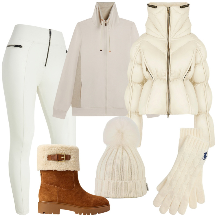 Outfit donna - Bianco in montagna. Stile Casual chic per Tutti i giorni. Abbinamento con pantaloni skinny, felpe, guanti, stivaletti, berretti, piumini.