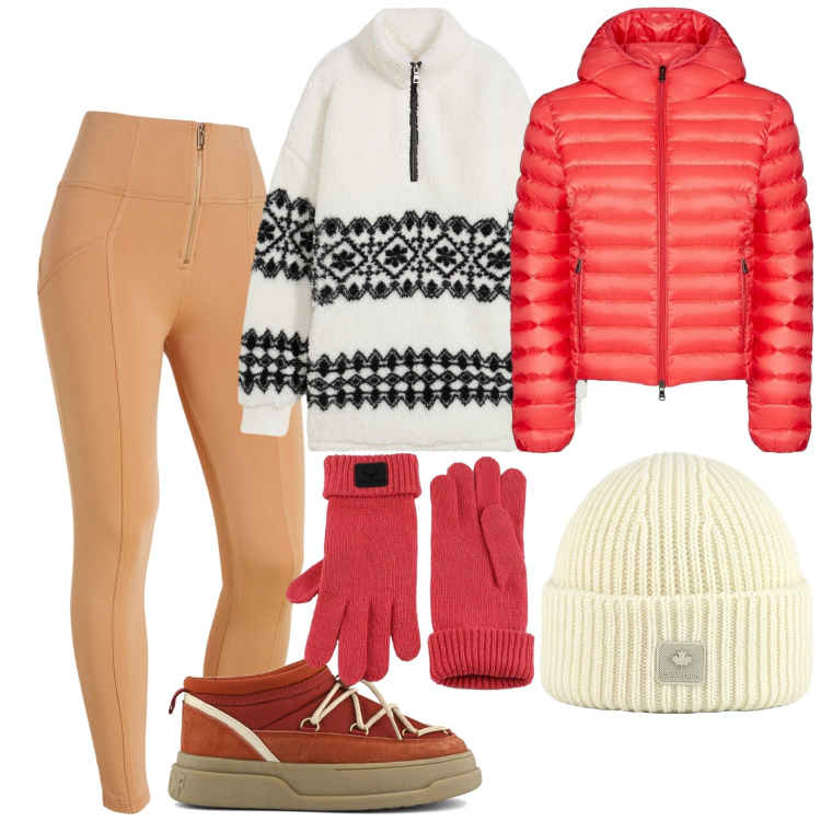 Outfit donna - Passeggiando in montagna. Stile Sporty chic per Sport. Abbinamento con maglieria, pantaloni skinny, bomber, berretti, guanti, stivaletti.