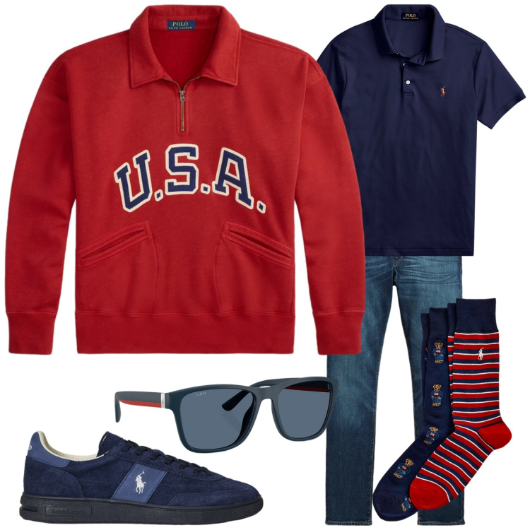 Outfit uomo - Felpa vintage. Stile Trendy per Tutti i giorni. Abbinamento con polo, calzini, occhiali da sole, jeans, sneakers, felpe.