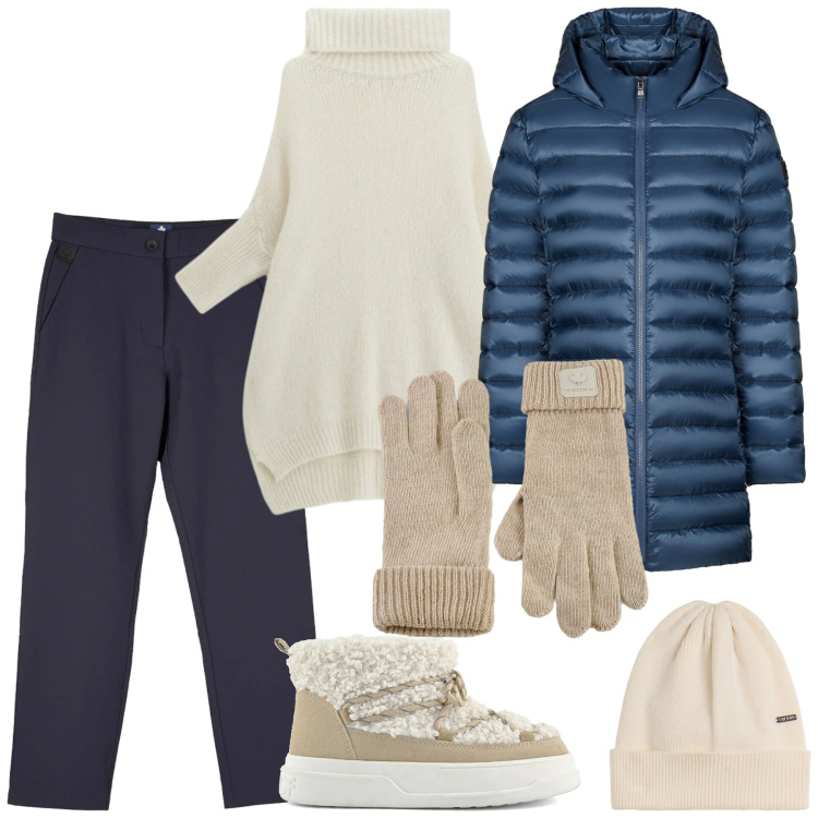 Outfit donna - Un giro in montagna. Stile Sporty chic per Tutti i giorni. Abbinamento con maglieria, berretti, pantaloni chino, guanti, piumini, stivaletti.