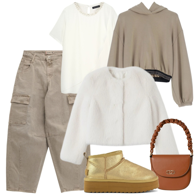 Outfit donna - Sabato di shopping. Stile Casual chic per Tutti i giorni. Abbinamento con pantaloni chino, borse a mano, ecopellicce, felpe con cappuccio, stivaletti, bluse.