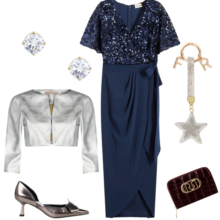 Outfit donna - Cerimonie serate a Dicembre. Stile Glamour per Cerimonia. Abbinamento con vestiti lunghi, bolero, décolleté, portafogli, orecchini, portachiavi.