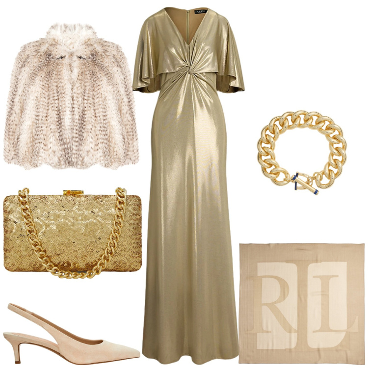 Outfit donna - Cerimonie feste a dicembre. Stile Glamour per Cerimonia. Abbinamento con ecopellicce, vestiti, décolleté, clutch, sciarpe, braccialetti.