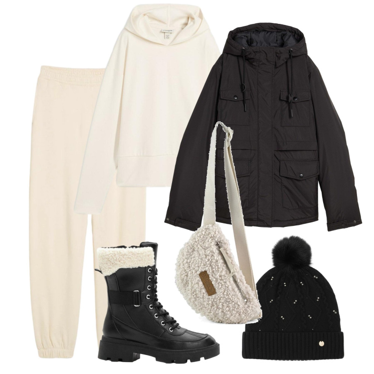 Outfit donna - Easy contro il freddo. Stile Casual per Tutti i giorni. Abbinamento con pantaloni, anfibi, blazer, felpe con cappuccio, berretti, marsupi.