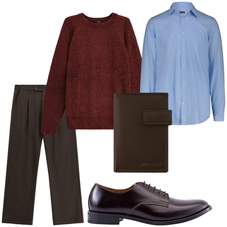 Outfit uomo - Dinamico. Stile Trendy per Ufficio. Abbinamento con pantaloni, portafogli, maglieria, scarpe stringate, camicie.
