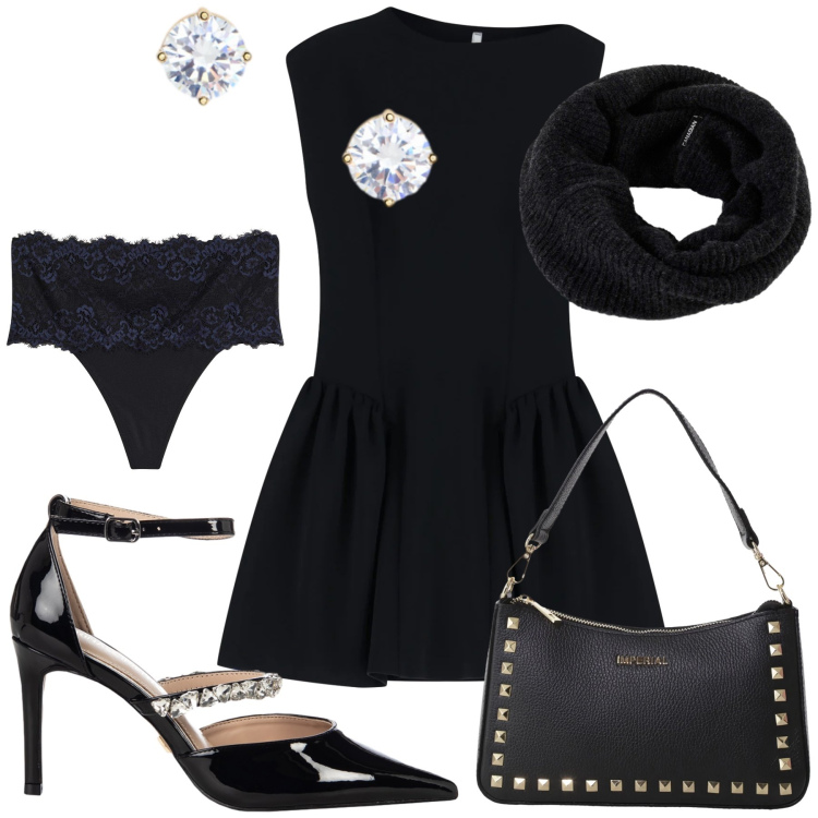 Outfit donna - Bon ton coi punti luce. Stile Bon Ton per Serata fuori. Abbinamento con perizomi, décolleté, pochette, vestiti corti, orecchini, scaldacollo.