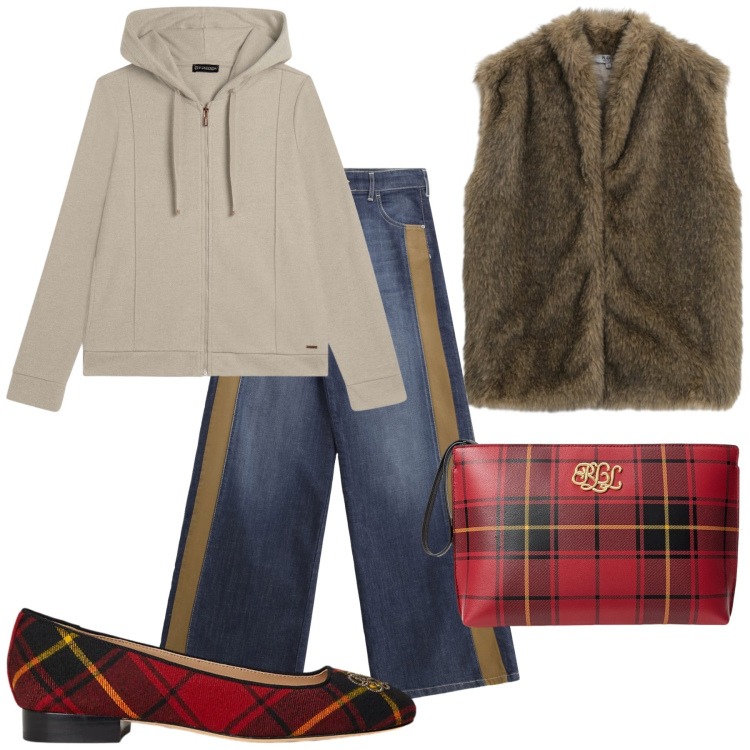 Outfit donna - British and sporty. Stile Casual chic per Tutti i giorni. Abbinamento con jeans a zampa, blazer, felpe con cappuccio, ballerine, pochette.