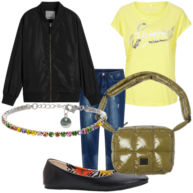 Outfit donna - Tanti colori. Stile Trendy per Tutti i giorni. Abbinamento con ballerine, maglieria, bomber, jeans skinny, braccialetti, borse a spalla.
