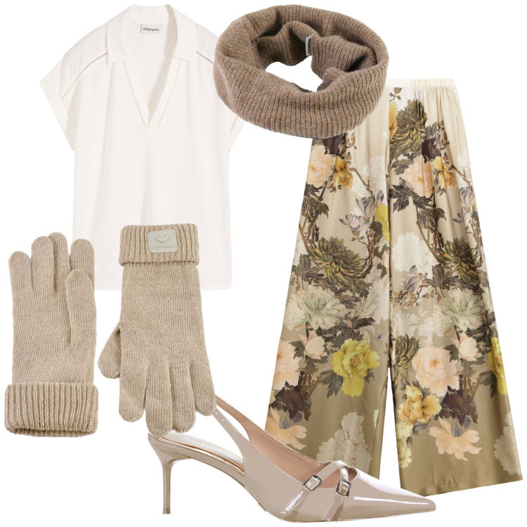 Outfit donna - A cena fuori a dicembre. Stile Chic per Serata fuori. Abbinamento con polo, décolleté, pantaloni a palazzo, scaldacollo, guanti.