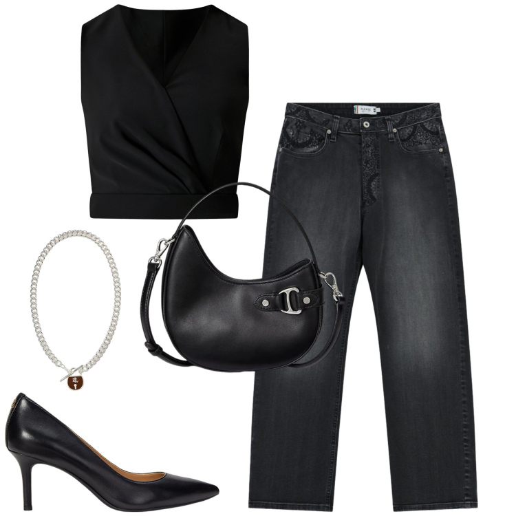 Outfit donna - Dettagli in pizzo sui jeans. Stile Casual chic per Tutti i giorni. Abbinamento con jeans dritti, top, ciondoli, borse a tracolla, décolleté.
