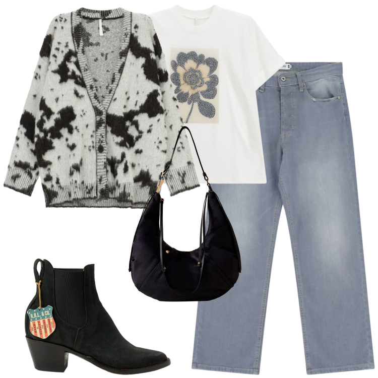 Outfit donna - Dicembre. Stile Casual chic per Tutti i giorni. Abbinamento con jeans dritti, t-shirt, cardigans, borse a spalla, stivaletti chelsea.