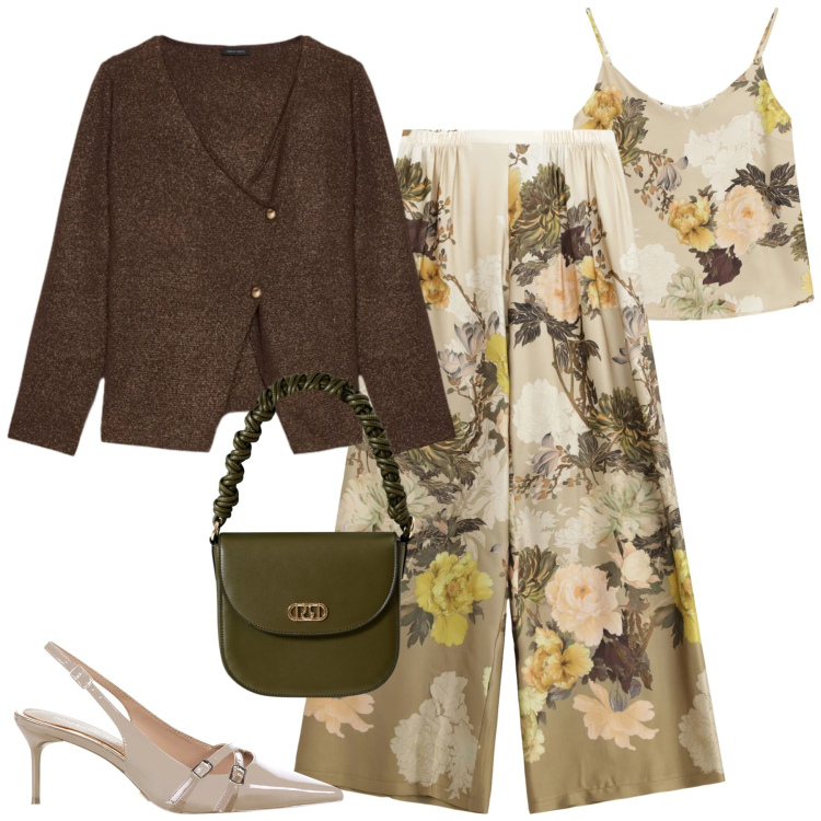 Outfit donna - Un completo fluido. Stile Glamour per Tutti i giorni. Abbinamento con décolleté, borse a mano, pantaloni a palazzo, top, cardigans.