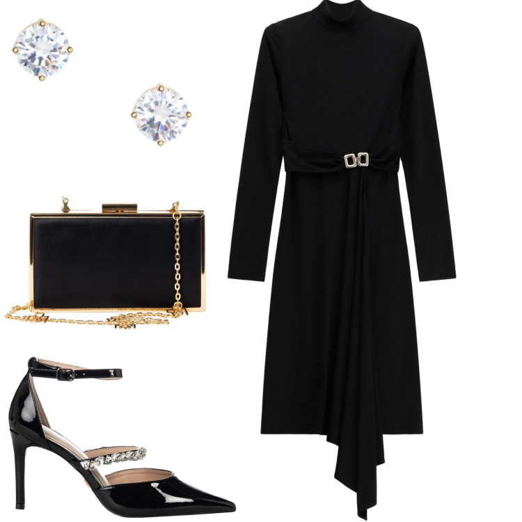 Outfit donna - Serata. Stile Chic per Serata fuori. Abbinamento con pochette, décolleté, vestiti midi/longuette, orecchini.