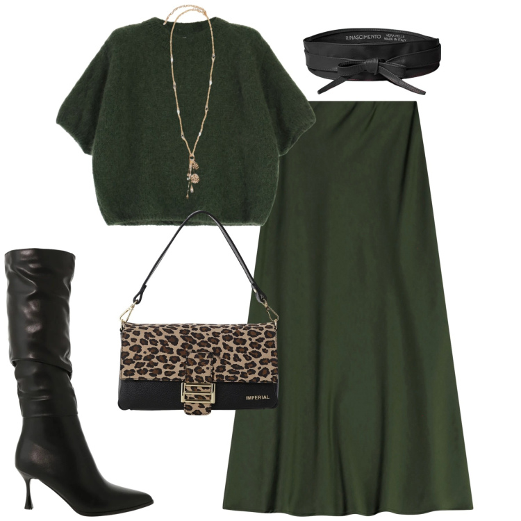 Outfit donna - Green. Stile Minimal per Tutti i giorni. Abbinamento con cinture, gonne lunghe, maglieria, borse a spalla, stivali sopra il ginocchio, ciondoli.