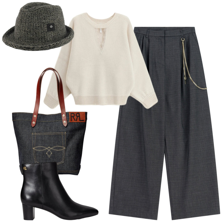 Outfit donna - Dicembre. Stile Casual chic per Tutti i giorni. Abbinamento con pantaloni a palazzo, maglieria, borse tote, stivaletti, cappelli.