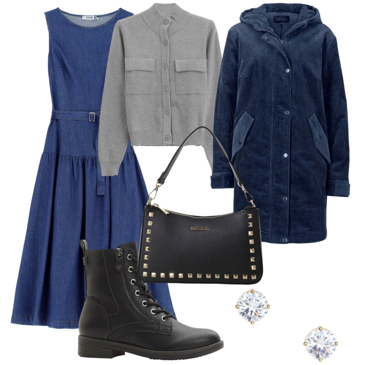 Outfit donna - Sabato mattina. per Tutti i giorni. Abbinamento con parka, stivaletti, vestiti lunghi, cardigans, pochette, orecchini.