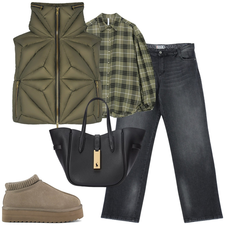 Outfit donna - Dicembre. Stile Casual chic per Tutti i giorni. Abbinamento con jeans, camicie, borse tote, piumini, sabot.
