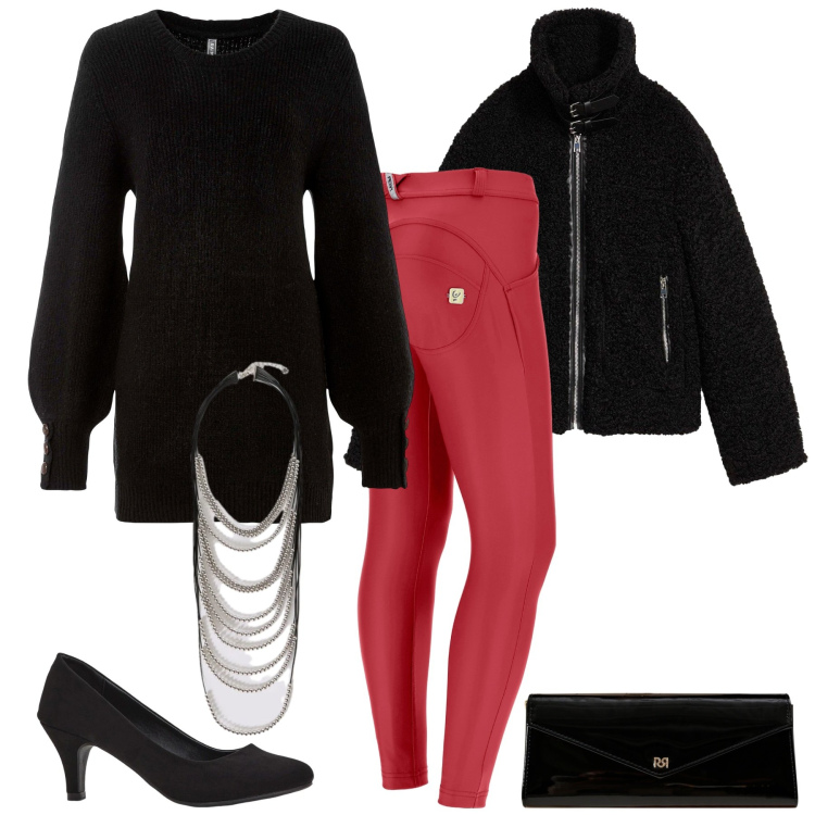 Outfit donna - Total look #2303591. Stile Glamour per Serata fuori. Abbinamento con décolleté, maglieria, ecopellicce, pochette, pantaloni skinny, collane.