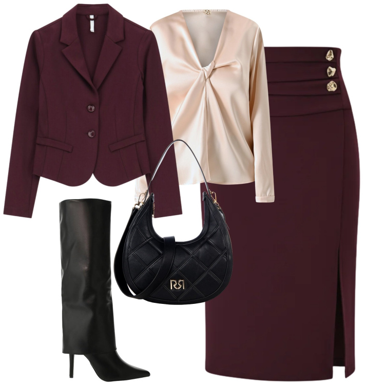 Outfit donna - City. Stile Urban per Tutti i giorni. Abbinamento con gonne longuette, borse a tracolla, bluse, stivali, blazer.