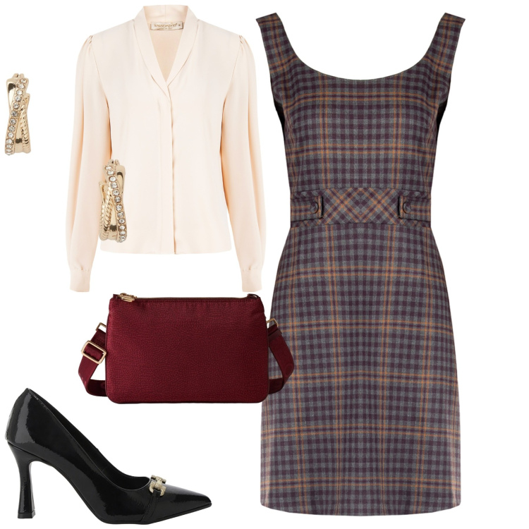 Outfit donna - Dicembre. Stile Urban per Tutti i giorni. Abbinamento con vestiti a tubino, camicie, décolleté, borse a tracolla, orecchini.