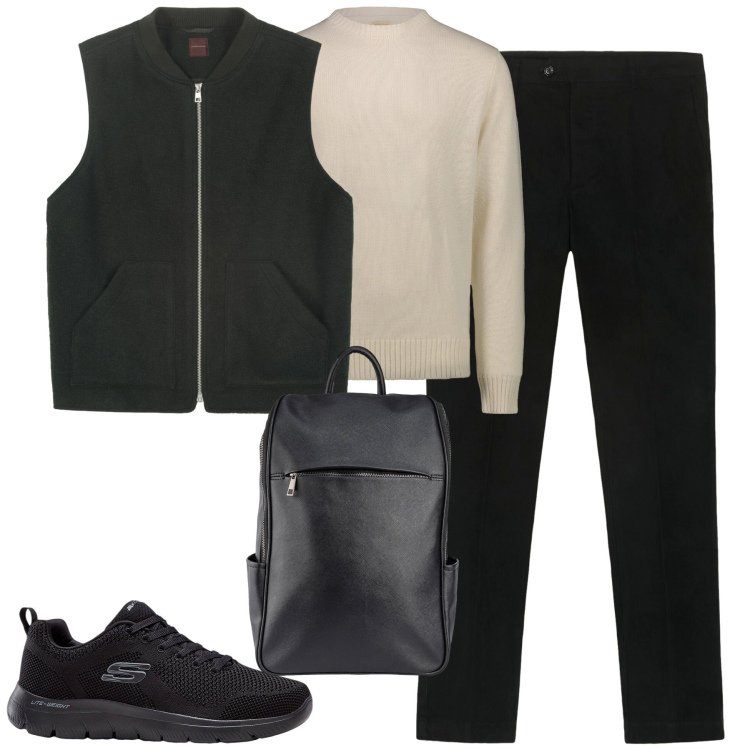 Outfit uomo - Al lavoro. Stile Urban per Tutti i giorni. Abbinamento con sneakers, pantaloni chino, borse sportive, maglieria, piumini.