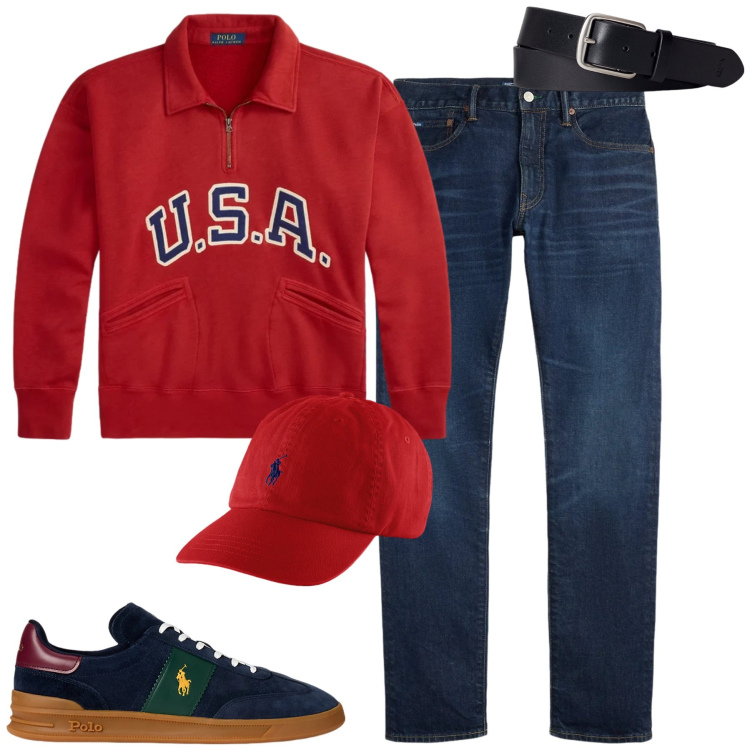 Outfit uomo - Ralph Lauren. Stile Casual per Tutti i giorni. Abbinamento con cappelli, cinture, sneakers, jeans, felpe.