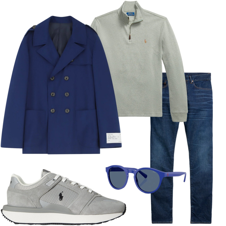 Outfit uomo - Urban style. Stile Urban per Tutti i giorni. Abbinamento con caban, sneakers, pullovers, jeans, occhiali da sole.