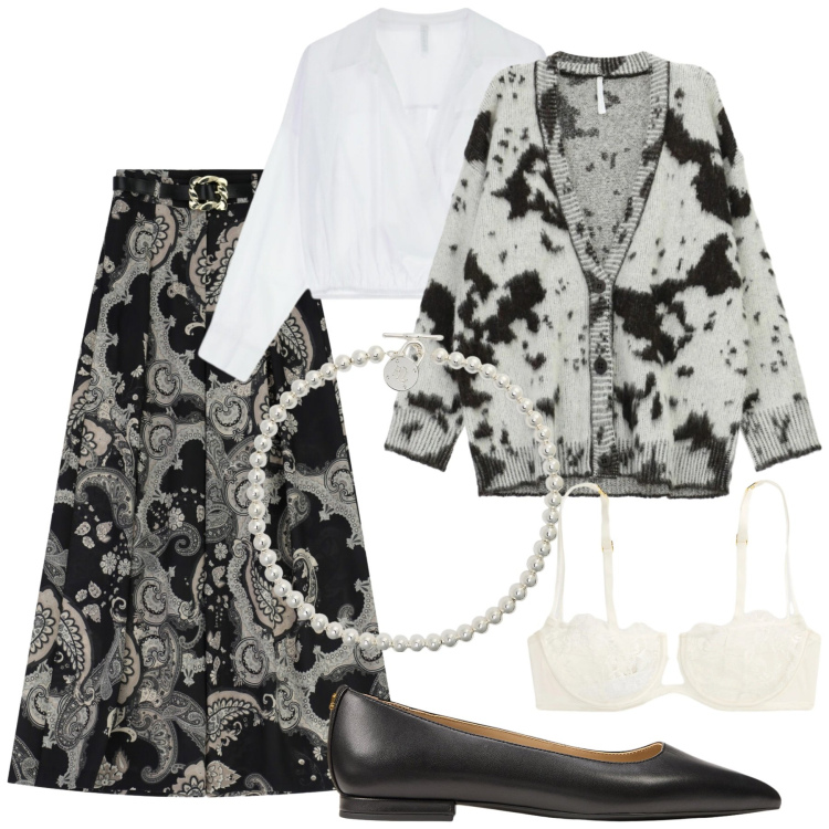 Outfit donna - La padrona di casa. Stile Bon Ton per Tutti i giorni. Abbinamento con gonne lunghe, camicie, cardigans, collane, reggiseni a balconcino, ballerine.