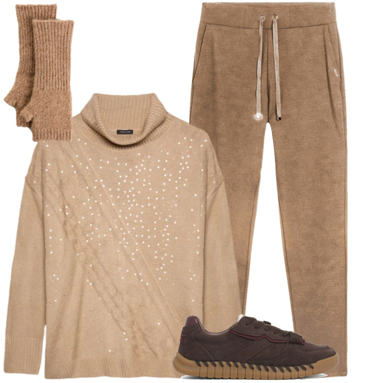 Outfit donna - Dicembre. Stile Casual chic per Tutti i giorni. Abbinamento con guanti, pantaloni, maglieria, sneakers.
