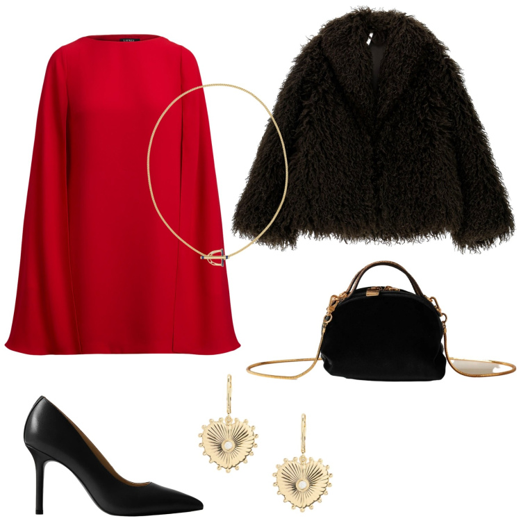 Outfit donna - A natale. Stile Chic per Serata fuori. Abbinamento con ecopellicce, borse a mano, vestiti corti, décolleté, ciondoli, orecchini.