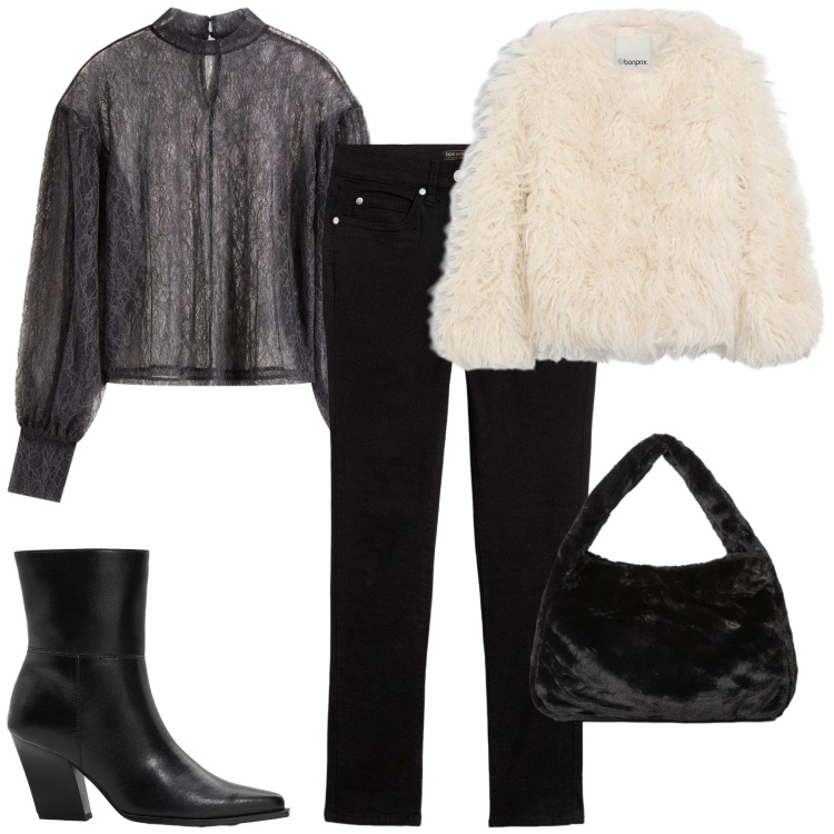 Outfit donna - Dice. Stile Casual chic per Tutti i giorni. Abbinamento con jeans dritti, stivaletti, ecopellicce, bluse, borse a spalla.