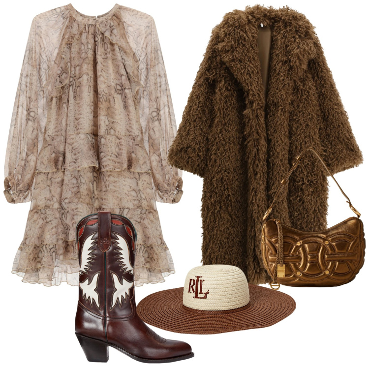 Outfit donna - Stilosa per le feste. Stile Trendy per Tutti i giorni. Abbinamento con vestiti corti, cappotti, borse a spalla, cappelli, stivali.