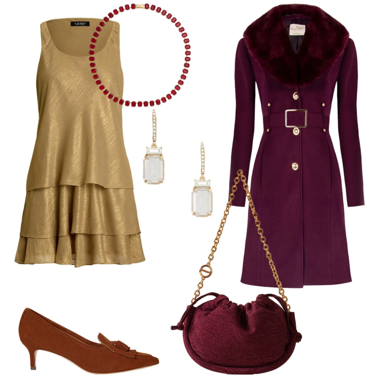 Outfit donna - Festive Harmony. Stile Chic per Cerimonia. Abbinamento con cappotti, borse a spalla, vestiti senza maniche, décolleté, orecchini, collane.