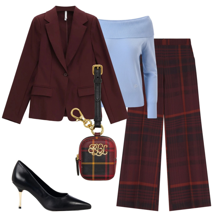 Outfit donna - Dicembre. Stile Trendy per Tutti i giorni. Abbinamento con décolleté, pullovers, blazer, pantaloni a palazzo, pochette.