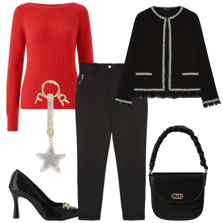 Outfit donna - Natale in famiglia. Stile Casual chic per Serata fuori. Abbinamento con borse a mano, pullovers, décolleté, cardigans, portachiavi, pantaloni.
