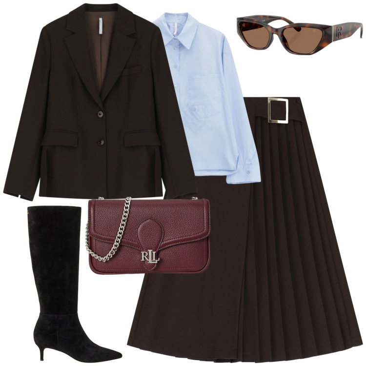 Outfit donna - Dicembre. Stile Trendy per Tutti i giorni. Abbinamento con gonne longuette, camicie, blazer, occhiali da sole, clutch, stivali.