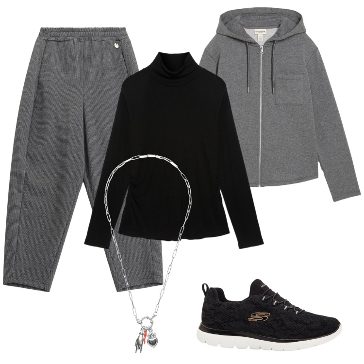 Outfit donna - Homewear Love. Stile Basic per Tutti i giorni. Abbinamento con sneakers, felpe con cappuccio, pantaloni, ciondoli, t-shirt.