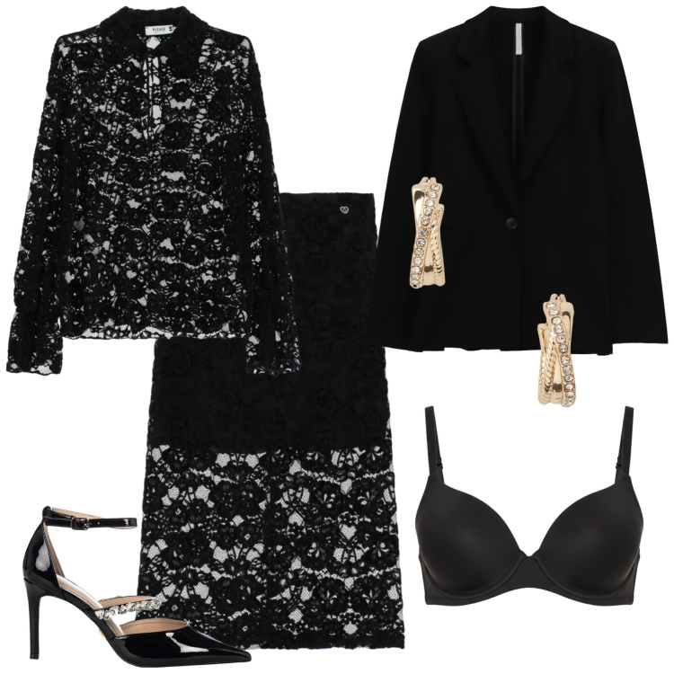 Outfit donna - Total look #2303628. Stile Glamour per Serata fuori. Abbinamento con gonne longuette, camicie, reggiseni, décolleté, blazer, orecchini.