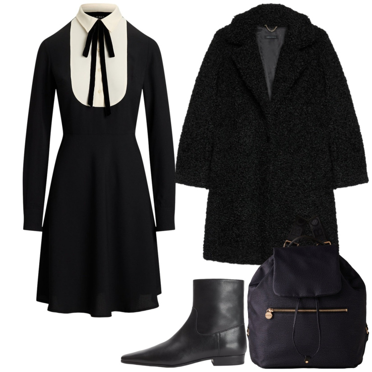 Outfit donna - Ispirato a Mercoledì. Stile Rock per Serata fuori. Abbinamento con zaini, stivaletti, vestiti, cappotti.