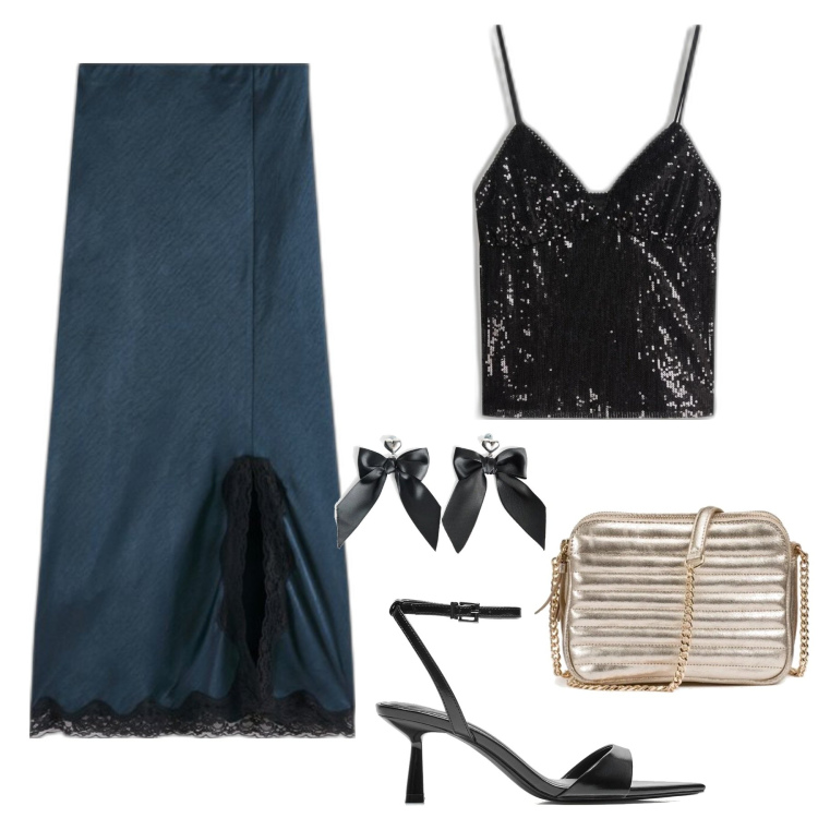 Outfit mujer - Fiesta navideña. Combinación con faldas largas, pendientes, bolsos de hombro, top, sandalias de tacón.