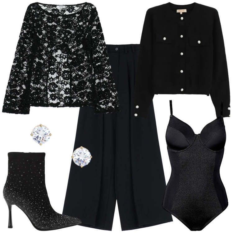 Outfit donna - Total look #2303634. Stile Glamour per Serata fuori. Abbinamento con body, top, pantaloni, cardigans, stivaletti, orecchini.